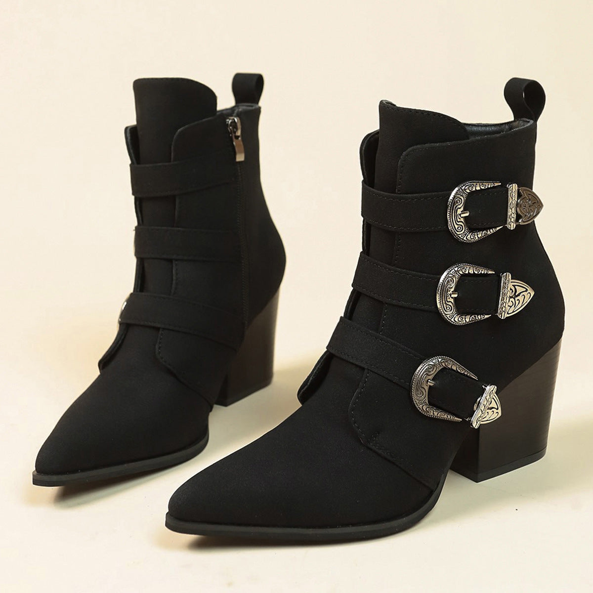 Pointed Toe Boots With Belt Buckle Retro Design