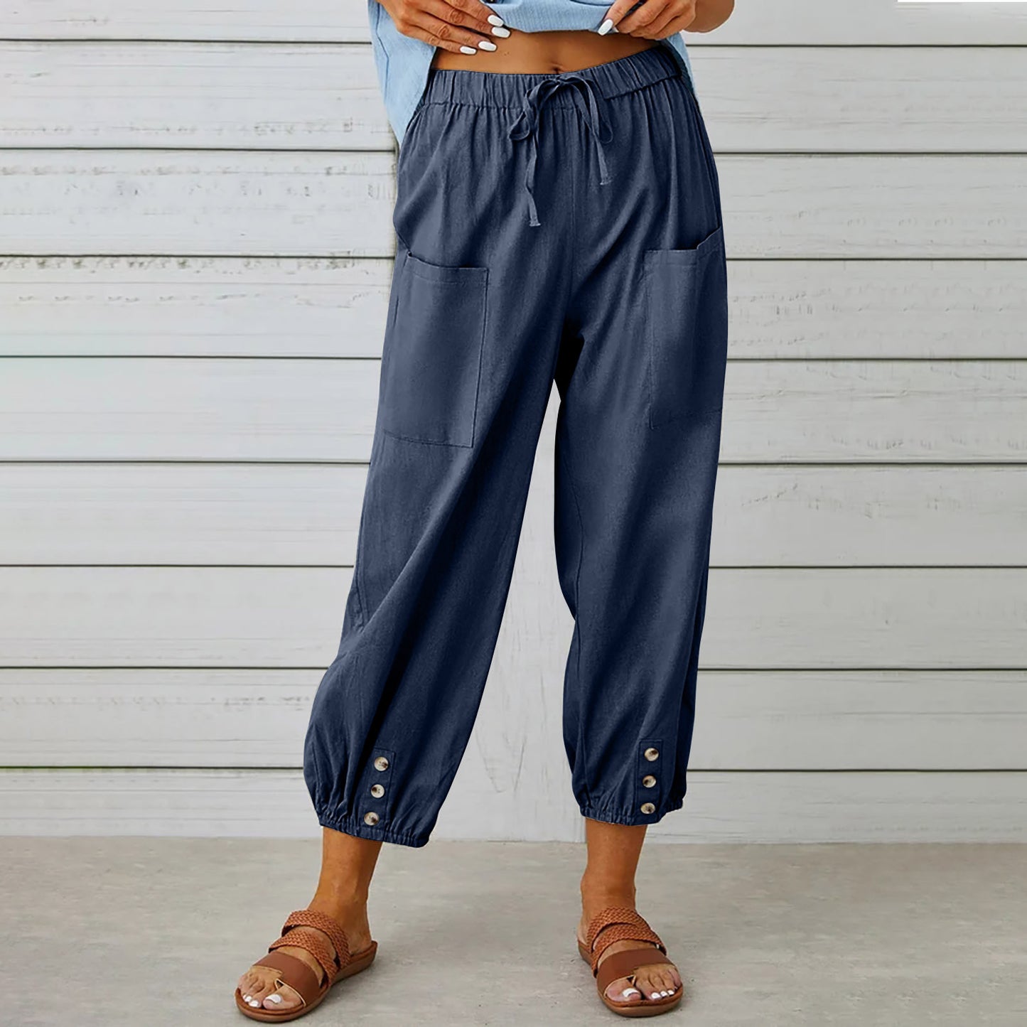 Women's Drawstring Spring Summer Cotton And Linen Trousers With Pockets Button