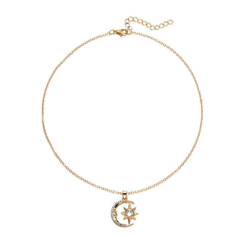 Stainless Steel Fashion Moon Star Zircon Pendant Necklace