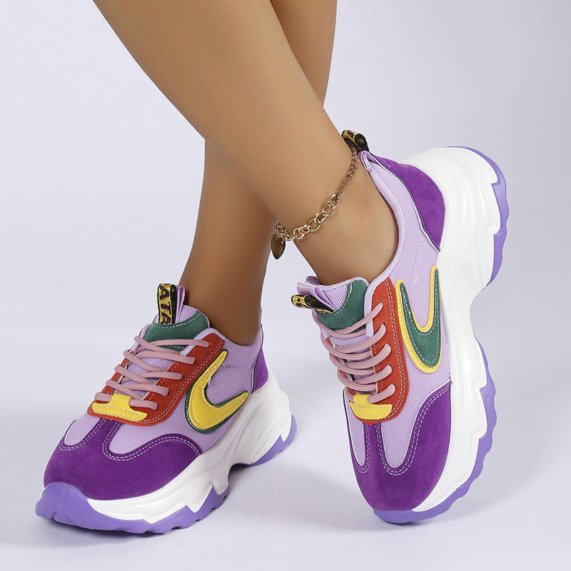 Women's Mixed-color Lace-up Casual Sneakers