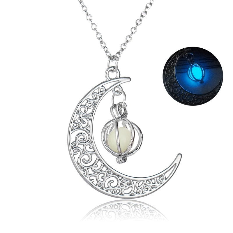 Women Fashion Moon Natural Glowing Stone Healing Necklace Luminous Pendant Jewelry