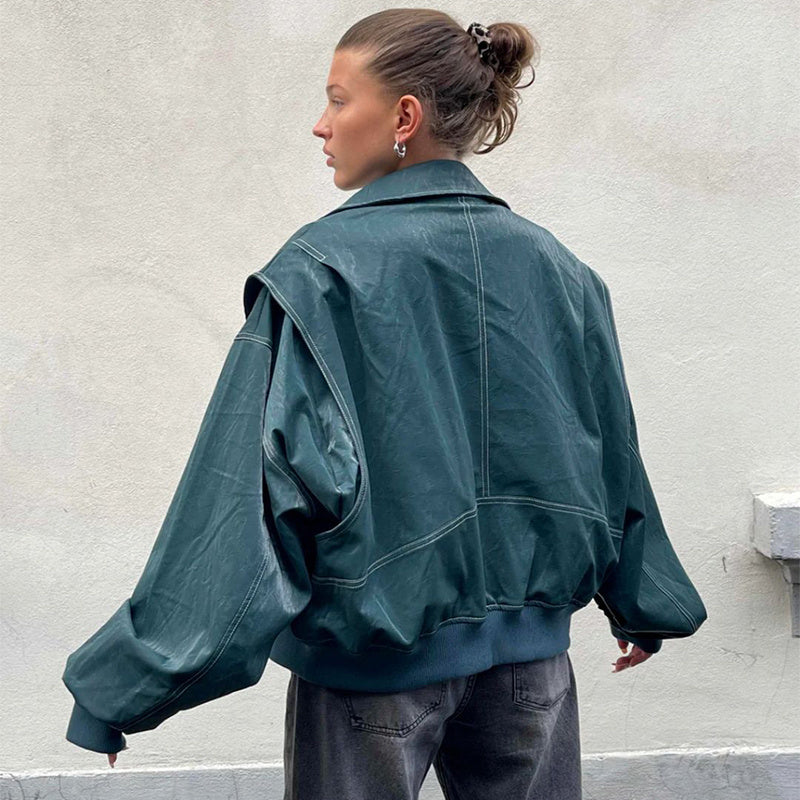 Loose Fashion Lapel Zip-up Long Sleeve Leather Jacket