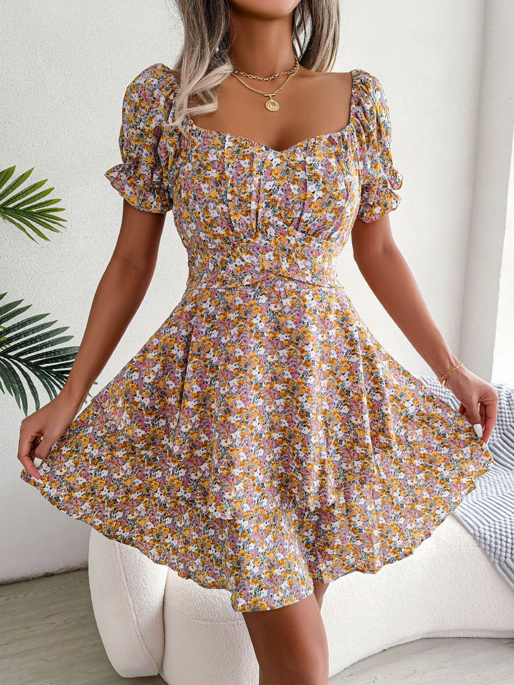 Women Mini Dress Temperament Big Swing Loose Hem Flower Print
