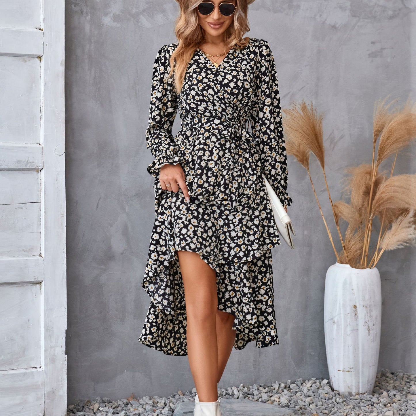 Flowers Print Long Sleeve Ruffled Commuter Temperament Dress