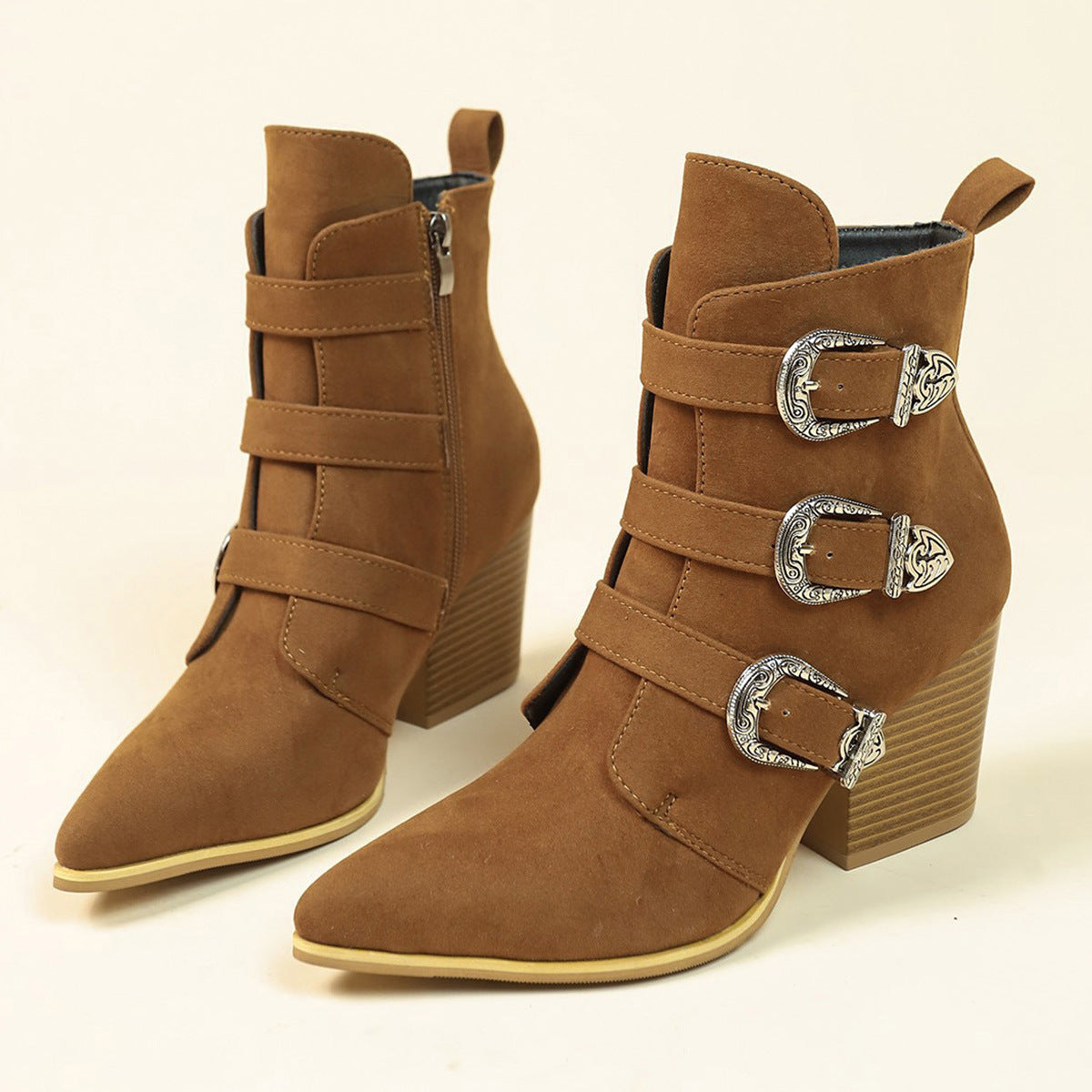 Pointed Toe Boots With Belt Buckle Retro Design