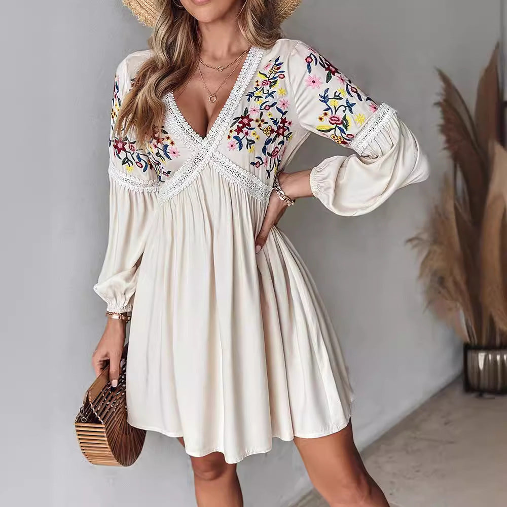 Women's Embroidered V-neck Casual Skirt Dress
