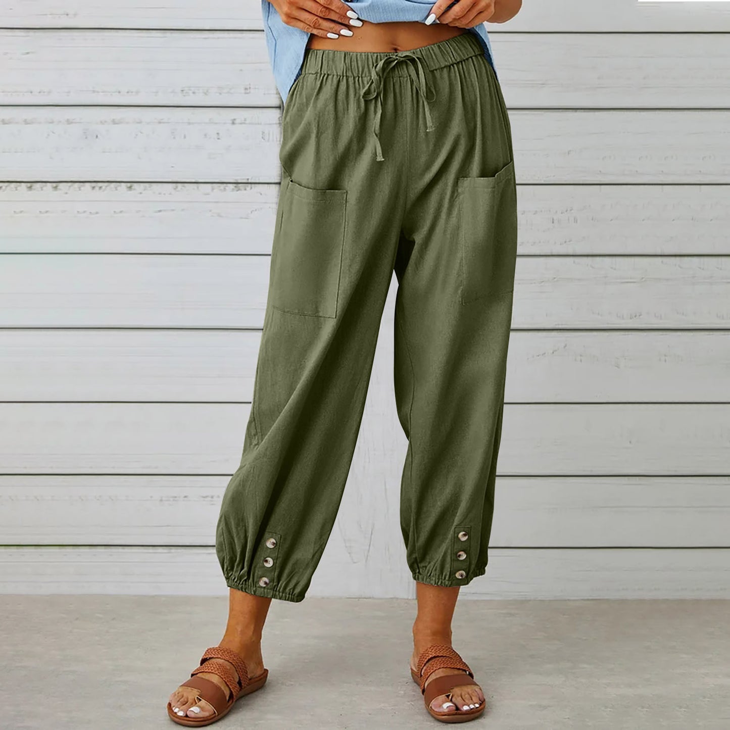 Women's Drawstring Spring Summer Cotton And Linen Trousers With Pockets Button