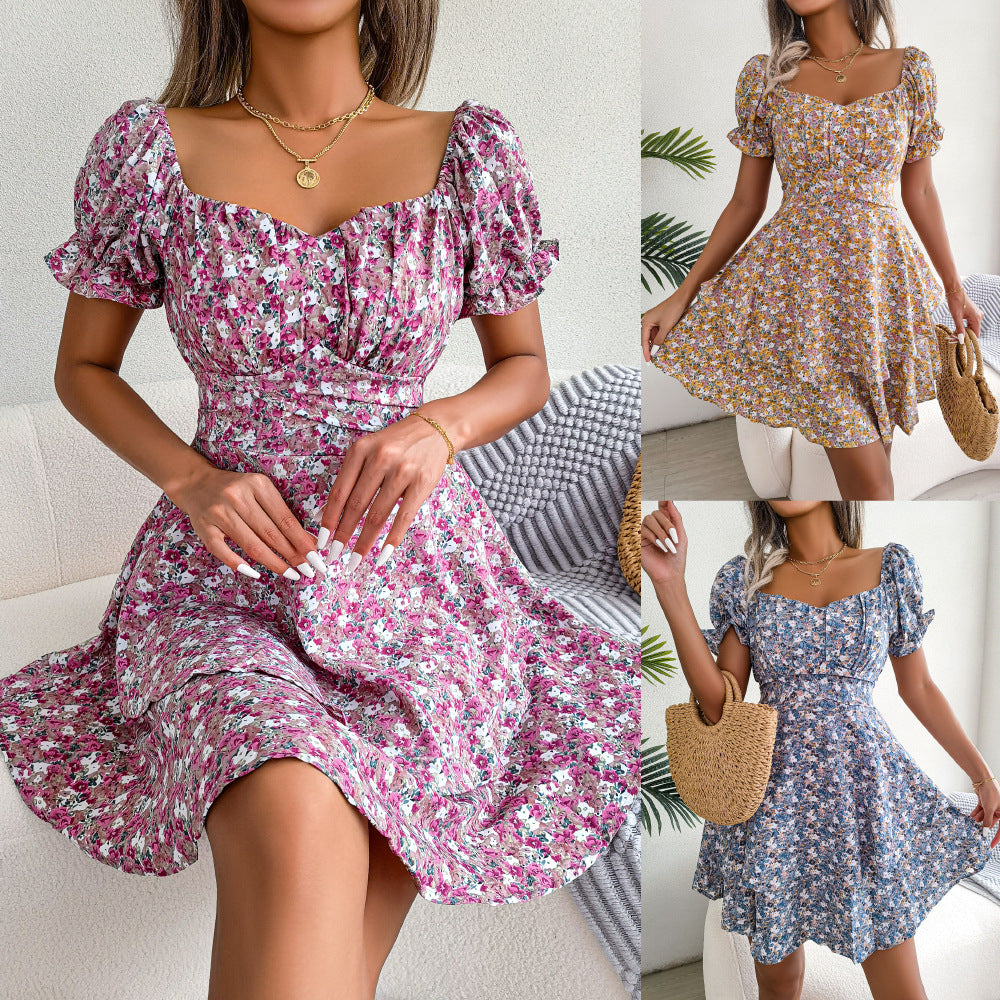 Women Mini Dress Temperament Big Swing Loose Hem Flower Print