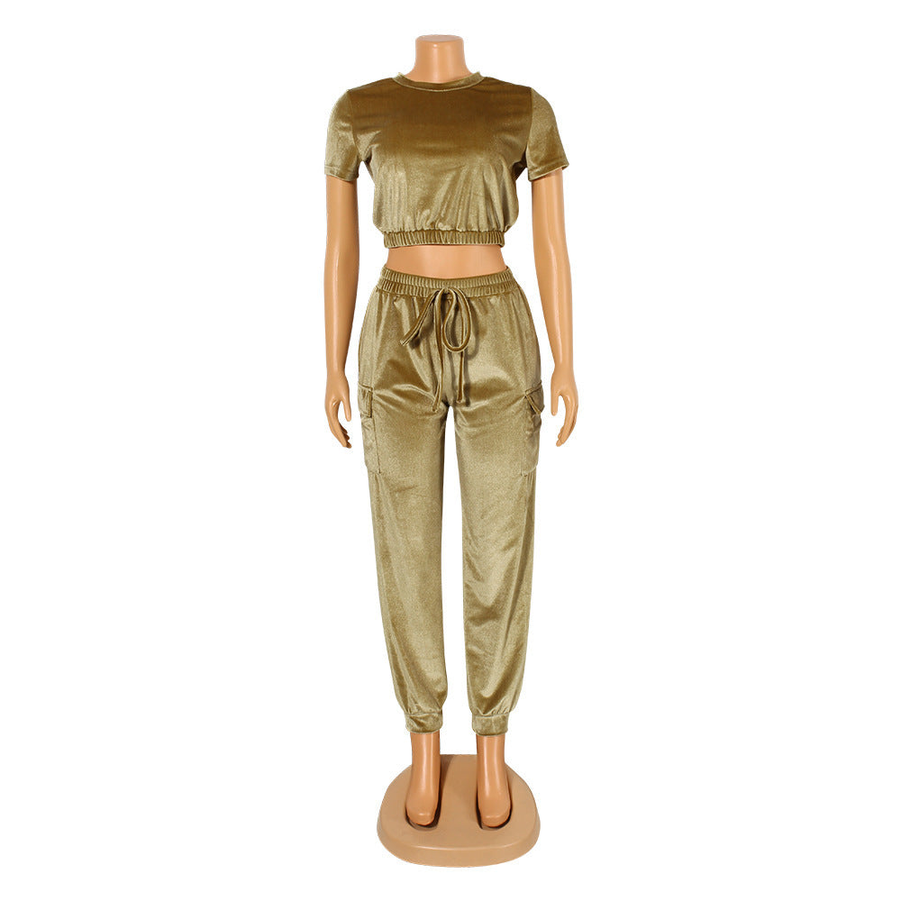 Fashion Athleisure Loose Gold Velvet Two Piece Suit