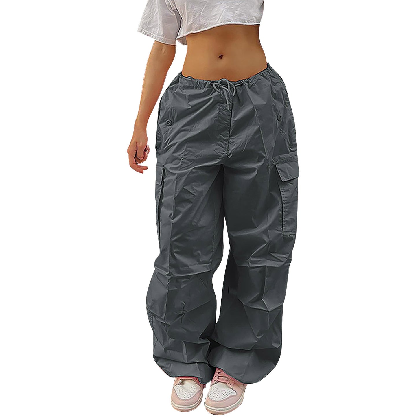 Casual Solid Color Drawstring Cargo Pants Pocket Design Street Fashion