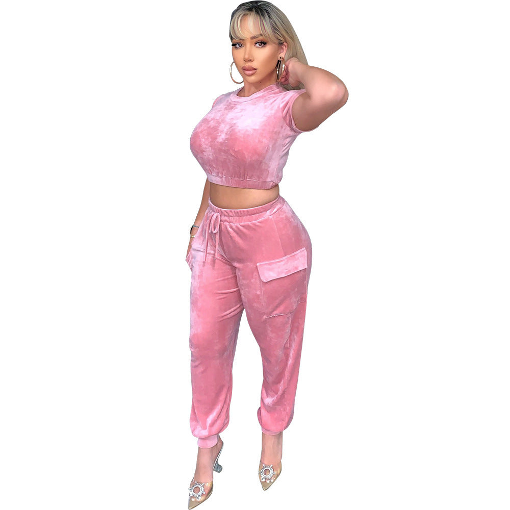 Fashion Athleisure Loose Gold Velvet Two Piece Suit