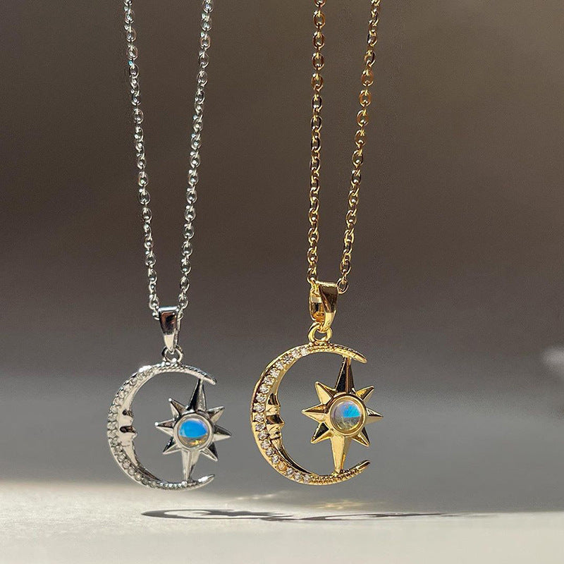 Stainless Steel Fashion Moon Star Zircon Pendant Necklace