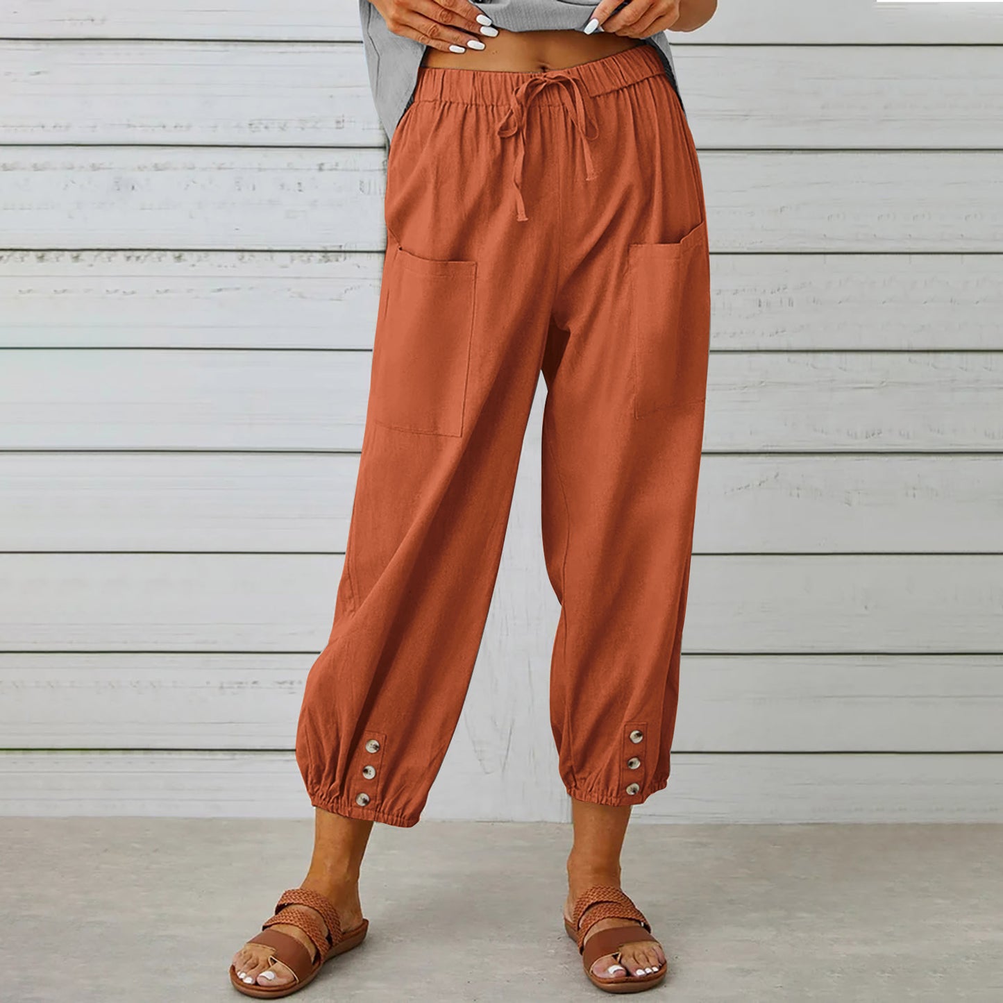 Women's Drawstring Spring Summer Cotton And Linen Trousers With Pockets Button