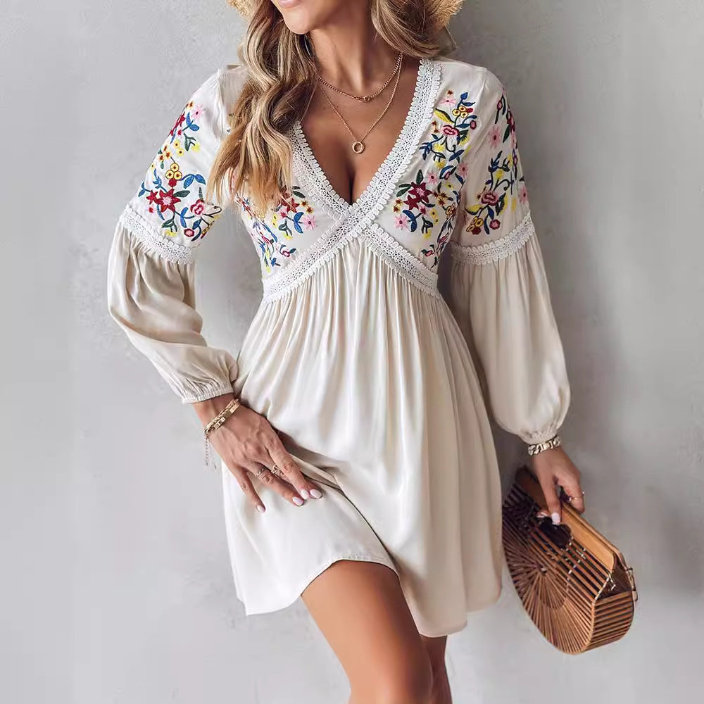 Women's Embroidered V-neck Casual Skirt Dress