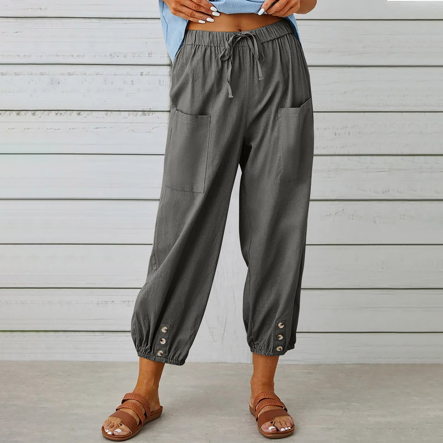 Women's Drawstring Spring Summer Cotton And Linen Trousers With Pockets Button