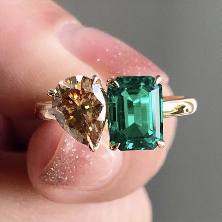 Fashion Creative Double Main Stone Lady Green Yellow Zircon Square Stone Ring