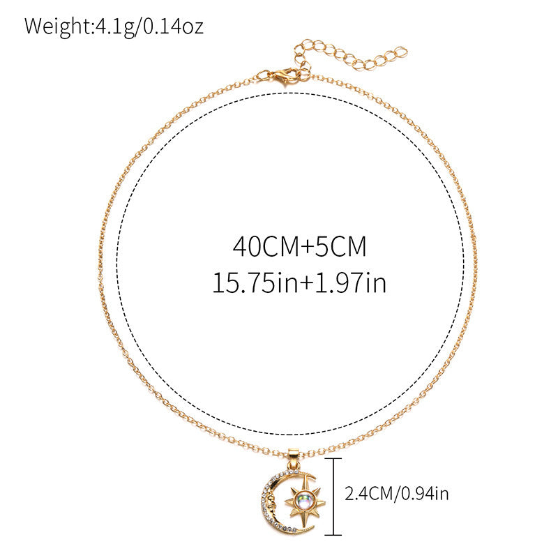 Stainless Steel Fashion Moon Star Zircon Pendant Necklace