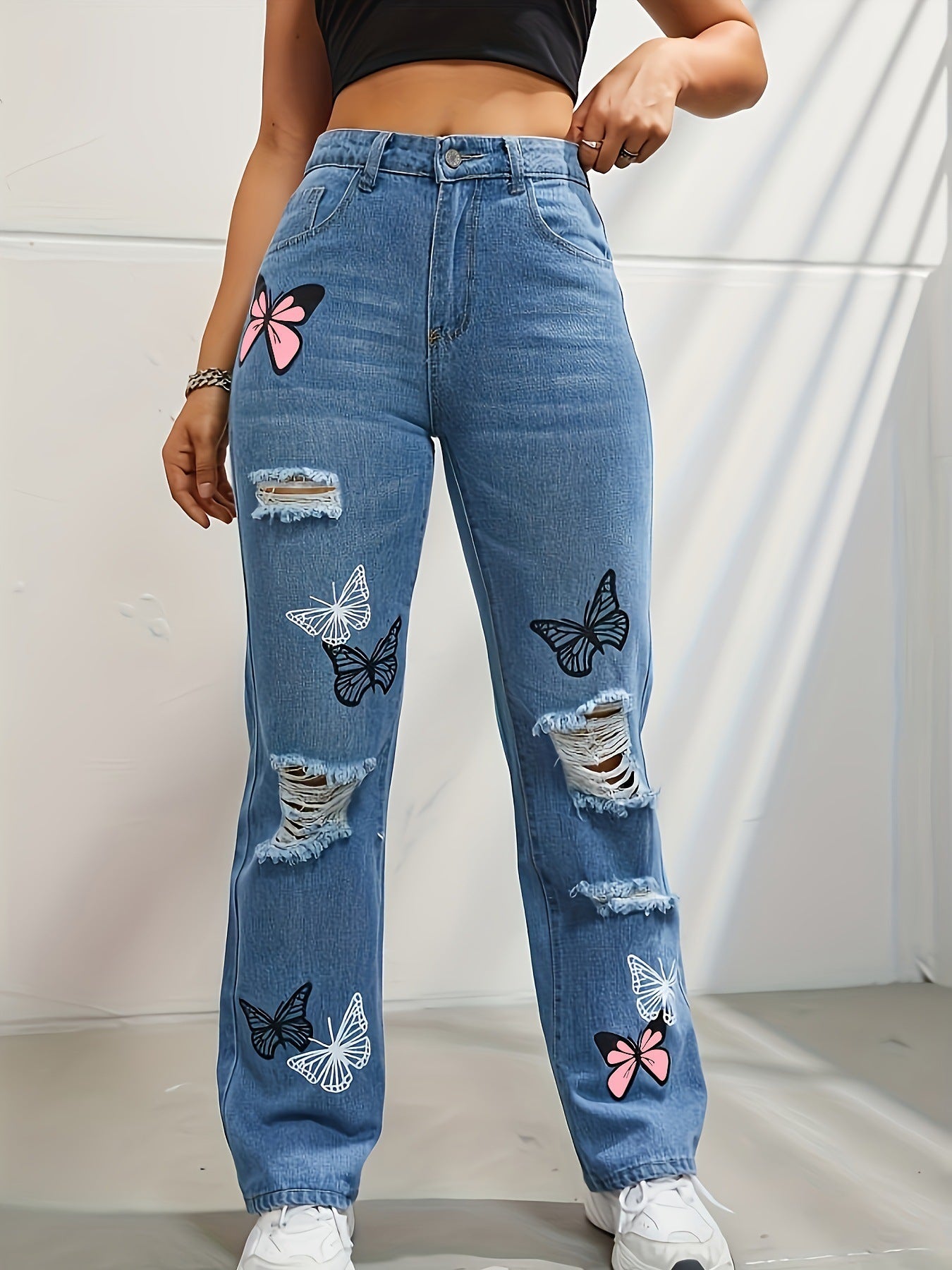 Women's High Waisted Butterfly Print Straight Leg Jeans