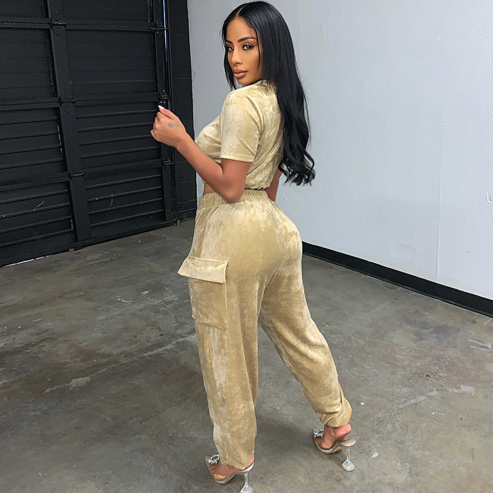Fashion Athleisure Loose Gold Velvet Two Piece Suit