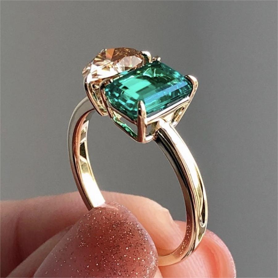 Fashion Creative Double Main Stone Lady Green Yellow Zircon Square Stone Ring