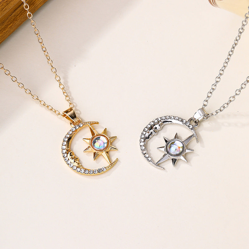 Stainless Steel Fashion Moon Star Zircon Pendant Necklace