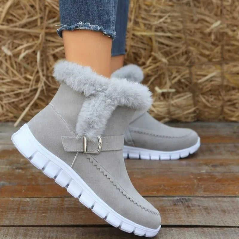 New Snow Boots Plush Ankle With Buckle Design Plus Velvet Flat Shoes