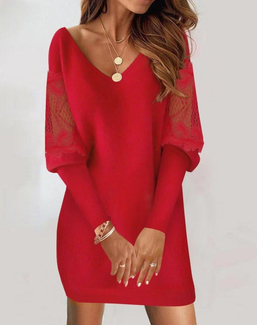 Long-sleeved V-neck Spring And Autumn Lace Splicing Dress