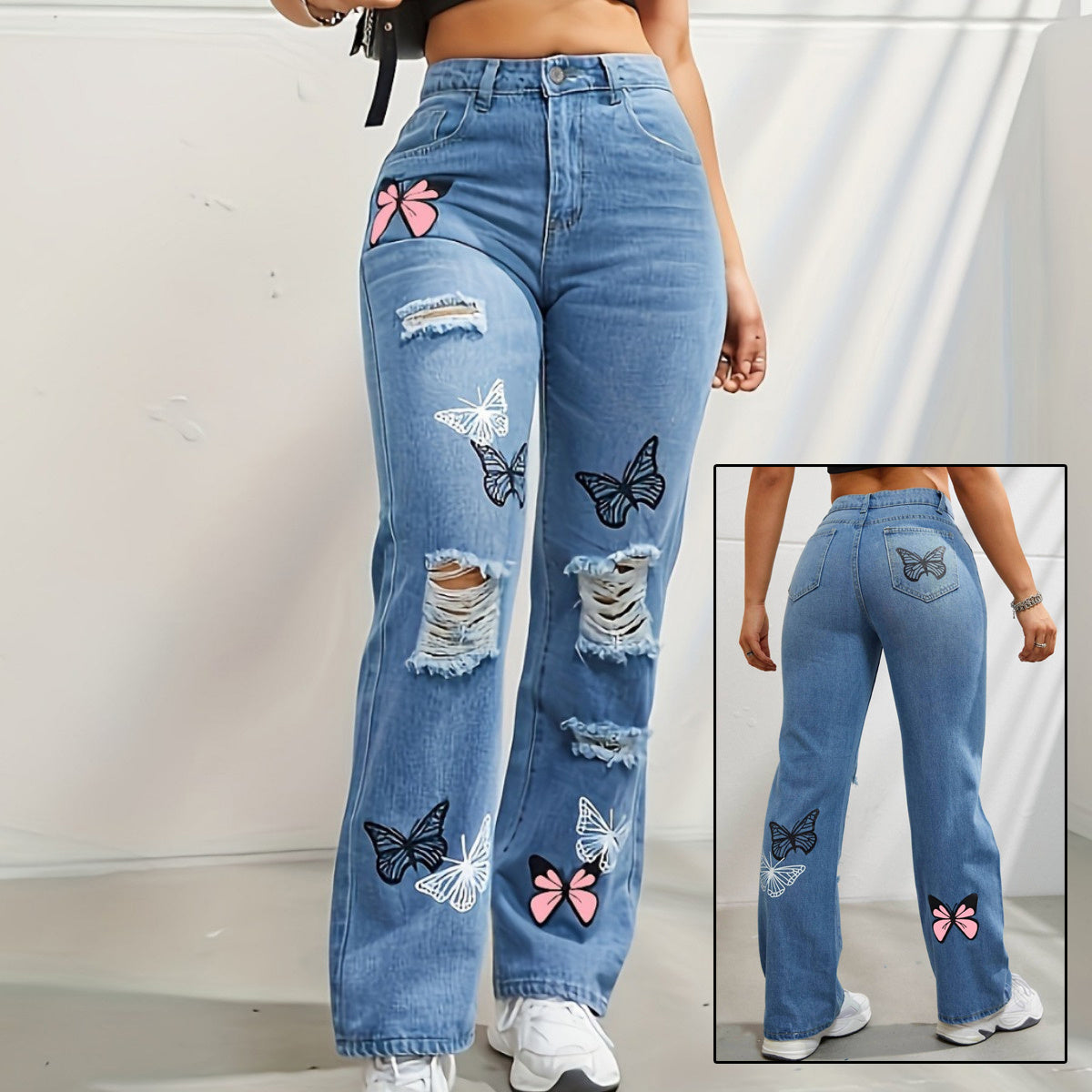 Women's High Waisted Butterfly Print Straight Leg Jeans