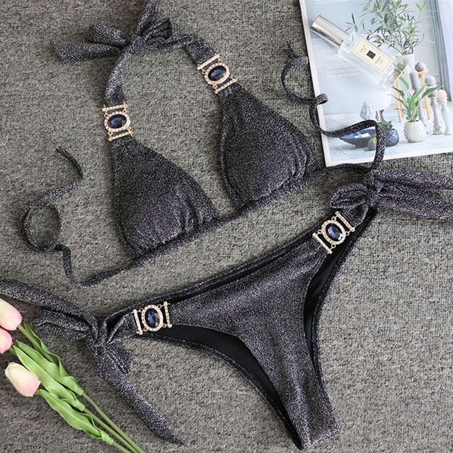 Shiny Rhinestone Crystal Diamond Bikini Swimsuit