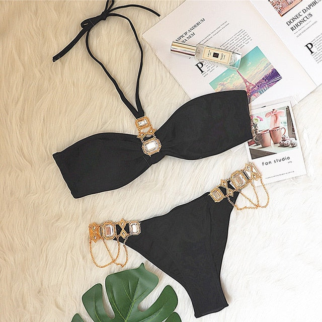 Shiny Rhinestone Crystal Diamond Bikini Swimsuit