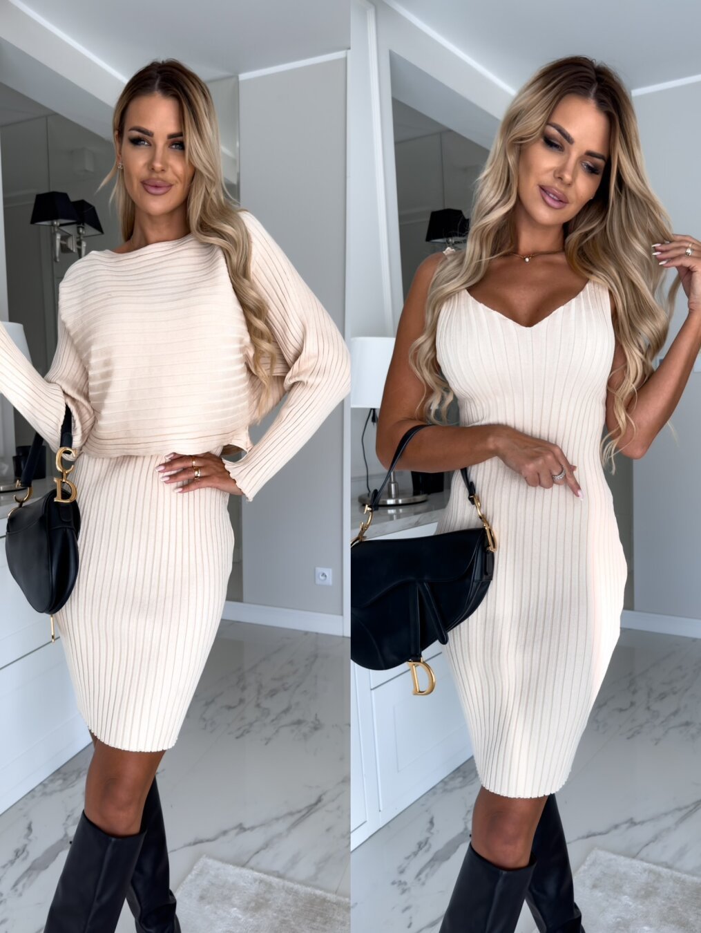 Women's Solid Stripe 2pcs Suit Long - sleeved Suspender Skirt - 16th Avenue