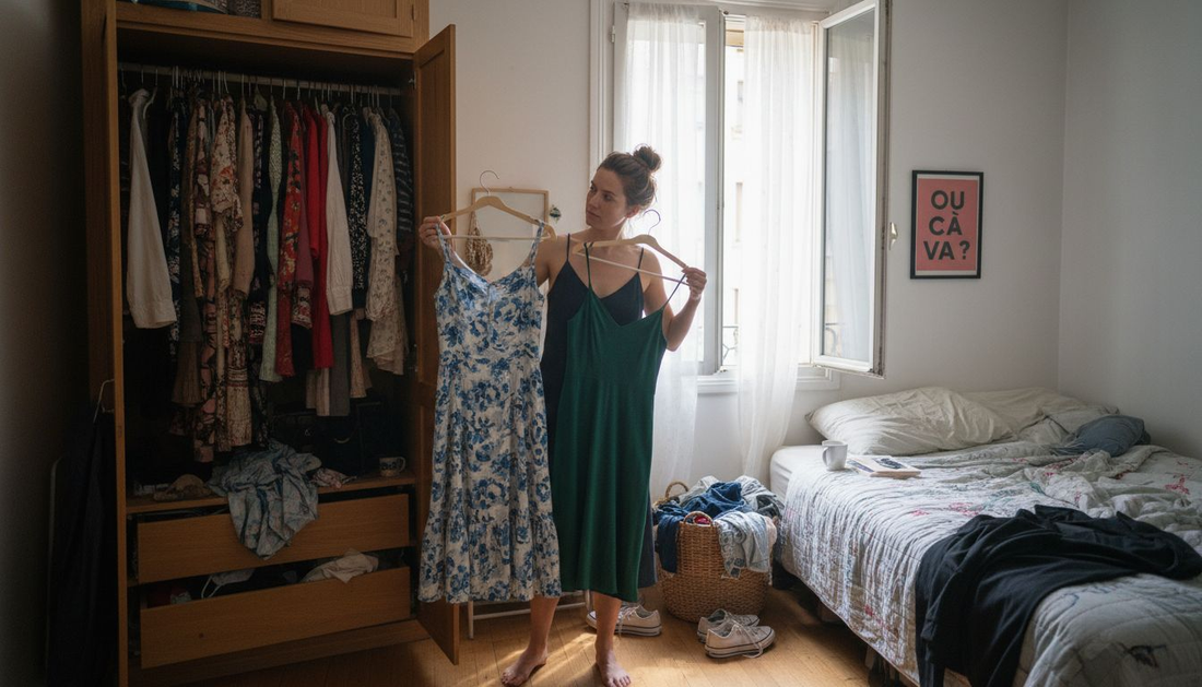 Woman choosing trendy dresses in bedroom