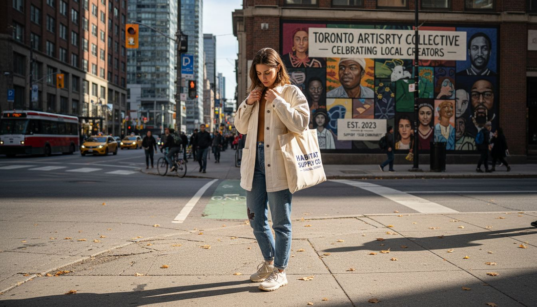 Woman adjusting eco-friendly jacket in city