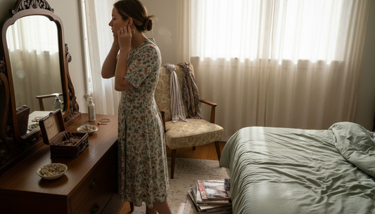 Woman accessorizing dress in sunlit bedroom