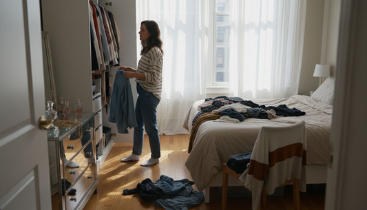 Woman sorting clothing in open wardrobe