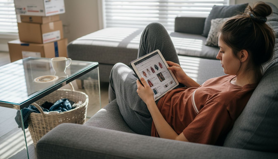 Woman browsing fashion sites at home
