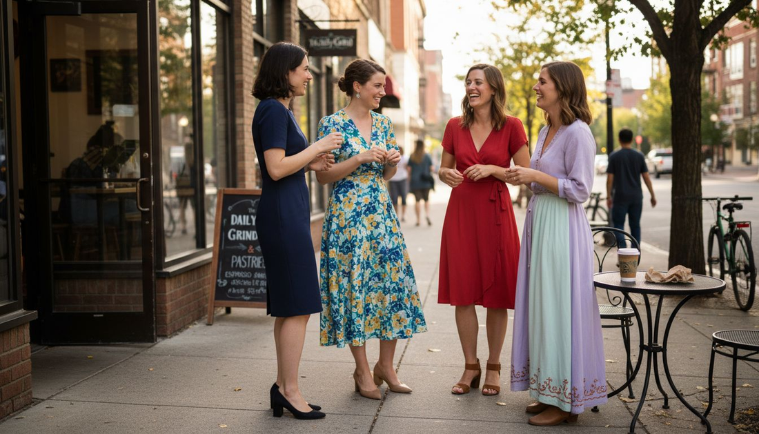 Four women modeling stylish dress types outside café
