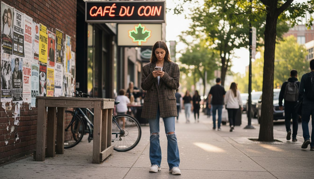 Woman in urban street fashion checks her phone