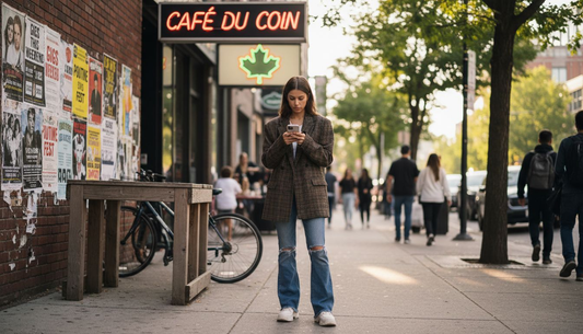 Woman in urban street fashion checks her phone
