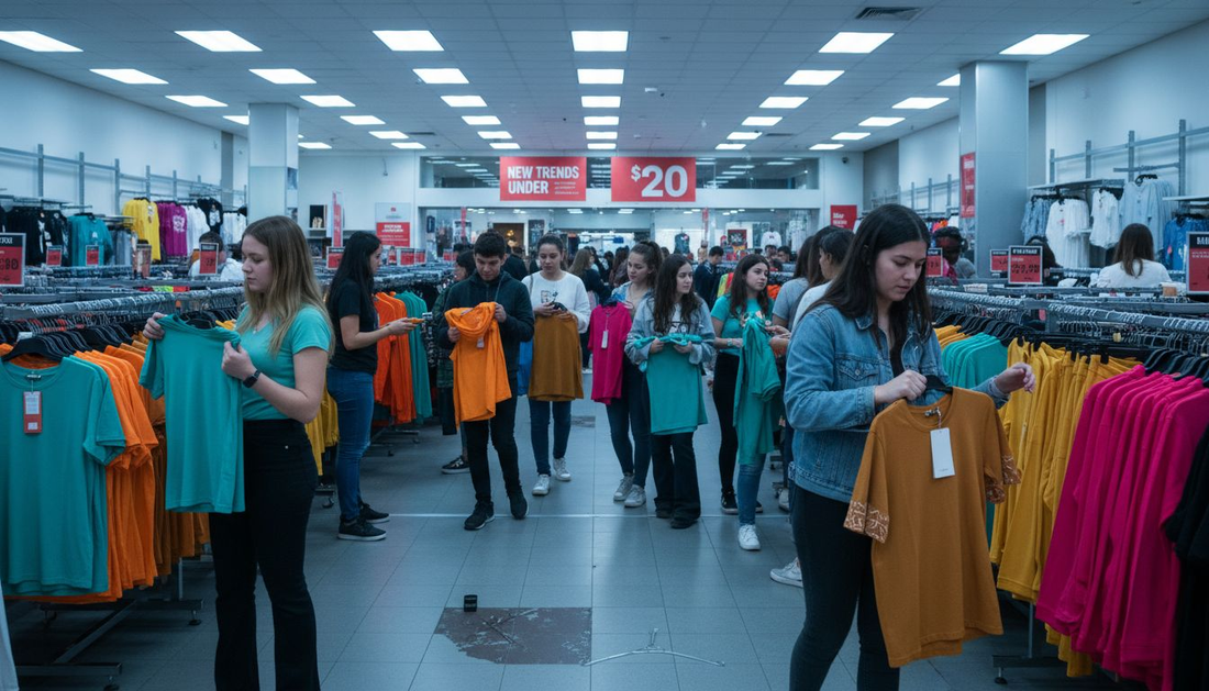 Shoppers browsing racks in a crowded clothing store