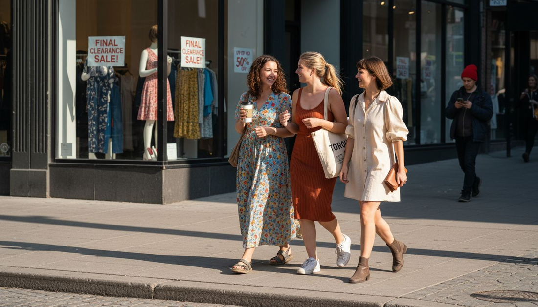 Three fashionably dressed women walking in city street
