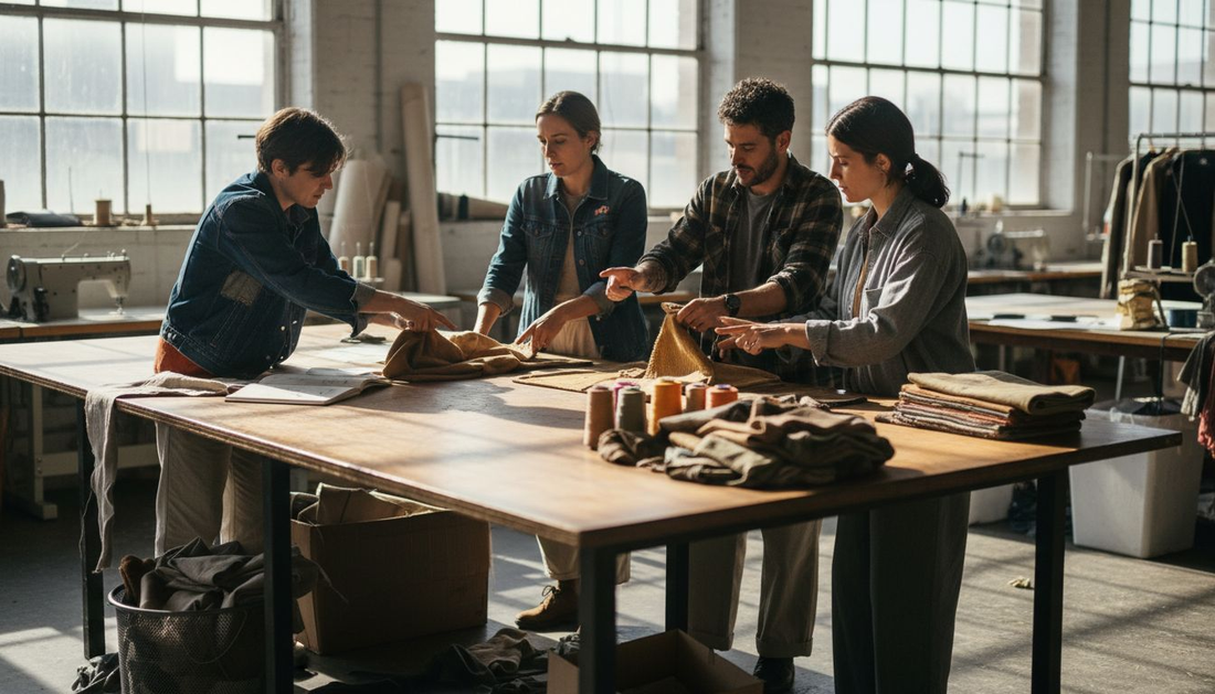Designers review garments in fashion studio