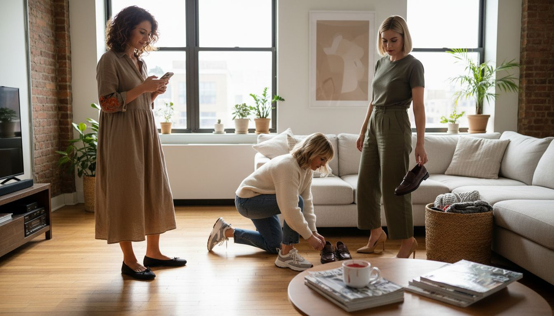 Women showing essential footwear in sunlit apartment