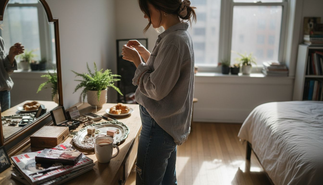 Woman selecting accessories at morning vanity