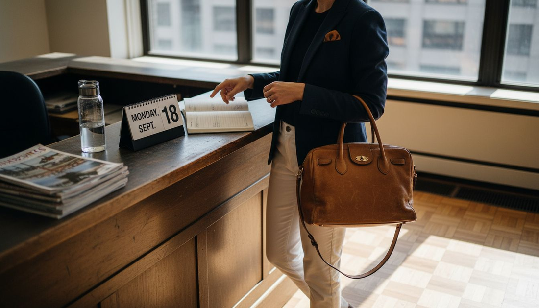 Woman holding handbag in corner office setting