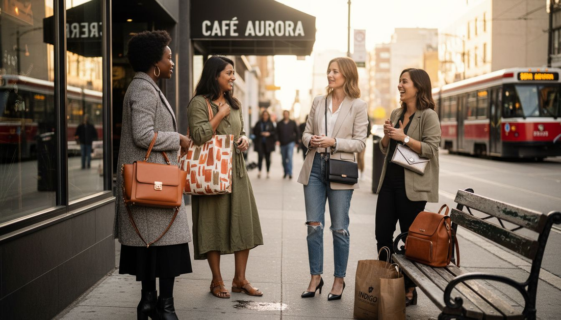 Women with varied handbags on urban sidewalk
