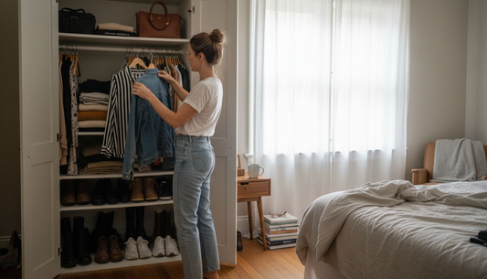 Woman choosing outfits from organized wardrobe
