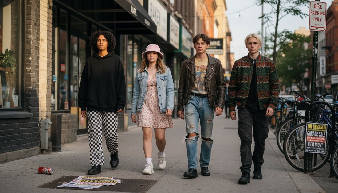 Teens in distinct trendy outfits on city street