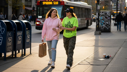 Women wearing streetwear on city sidewalk
