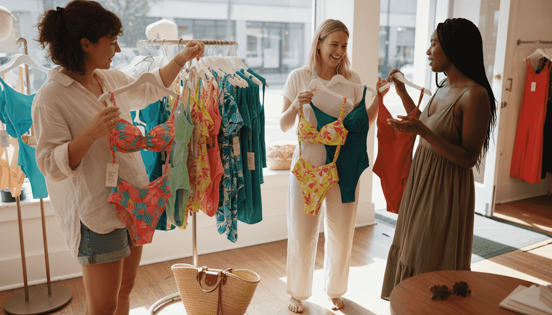 Women discussing and choosing swimwear in boutique